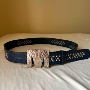 Millionair Blue Leather Studded Belt w/ M Buckle Croc Embossed Statement Belt 40